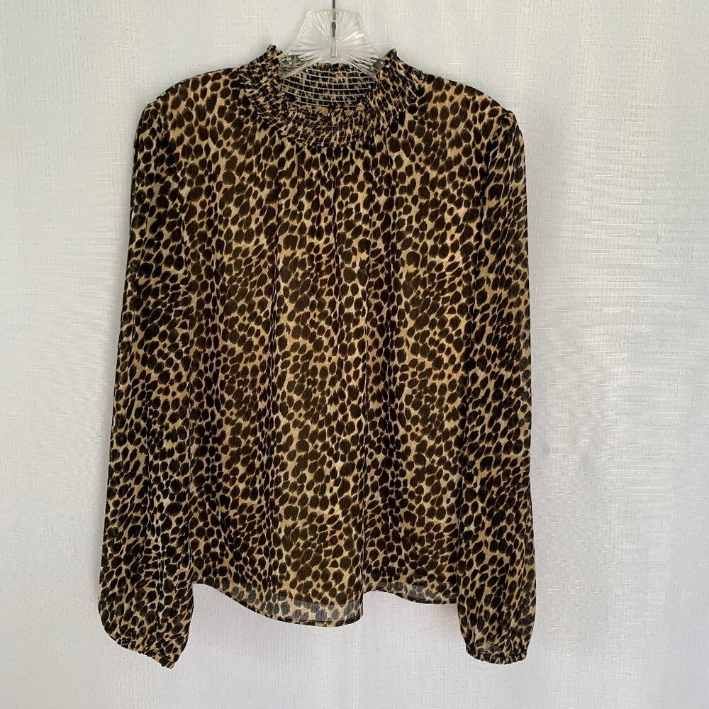 J CREW FACTORY Animal Print Smocked Neck Long Sleeve Career Blouse Top